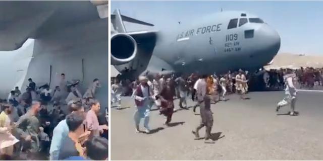 Människor försökte under dagen klamra sig fast vid ett amerikanskt flygplan på flygplatsen i Kabul.  Ragip Soylu byråchef på MiddleEastEye (via Twitter)
