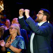 Partiledare Jimmie Åkesson (SD) på Sverigedemokraternas valvaka. 