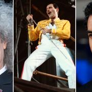 Från vänster: Brian May, Freddie Mercury och Sacha Baron Cohen.