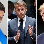 Till vänster: UKrainas president Volodymyr Zelenskyj. I mitten: Frankrikes president Emmanuel Macron. Till höger: USA:s president Donald Trump.