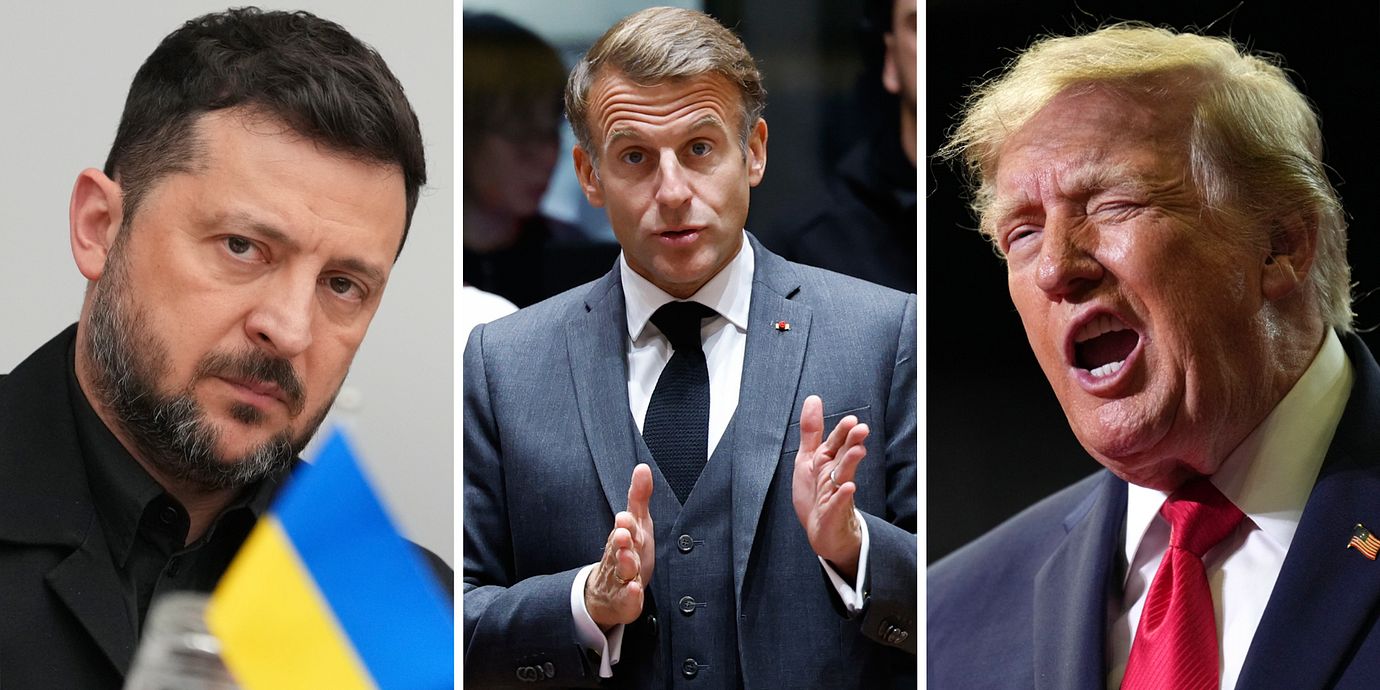 Till vänster: UKrainas president Volodymyr Zelenskyj. I mitten: Frankrikes president Emmanuel Macron. Till höger: USA:s president Donald Trump.