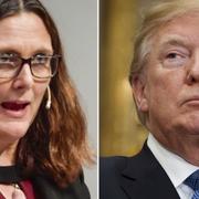 Sveriges EU-kommissionär Cecilia Malmström, USA:s president Donald Trump. Arkivbilder.