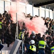 Pyroteknik i halvlek i matchen mellan Västerås SK och Djurgården i Västerås den 27 januari 2024. 