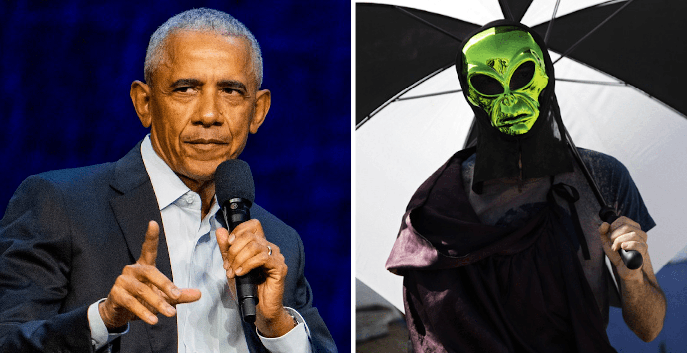 Barack Obama i Oslo förra året och en person utklädd till utomjordning utanför Area 51 i Nevada. 