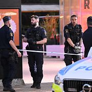 Polis och ambulans på plats vid entrén till Folkets park i Malmö efter att flera personer bråkat på måndagskvällen.