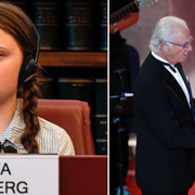 Greta Thunberg/Anne-Sophie Mutter tar emot priset ur kungens hand.