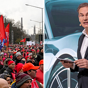 Till vänster: Anställda deltar i en facklig protest utanför Volkswagens huvudkontor i december 2024. Till höger: Volkswagens koncernchef Oliver Blume på en presskonferens i Berlin 2023.
