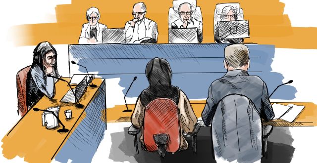 Illustration från rättegången tidigare i år. Åklagare till vänster. IS-kvinnan med försvarare med ryggen emot.  Johan Hallnäs/TT