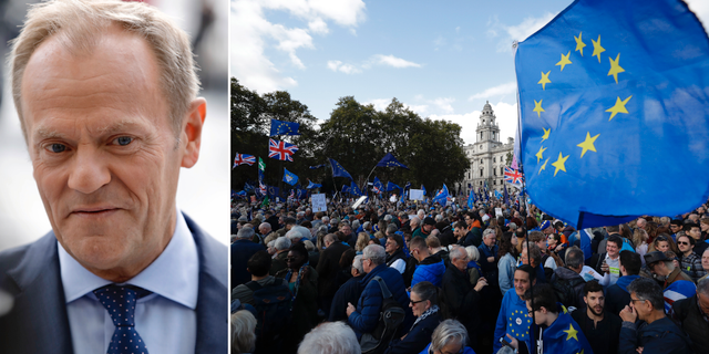 Donald Tusk och en antibrexit-demonstration.  TT/AP