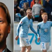 Simon Bank, MFF:are firar 1–1-målet mot Norrköping.