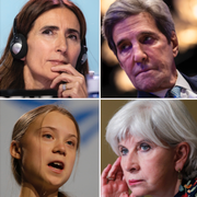 Finlands miljöminister Krista Mikkonen, Carolina Schmidt, John Kerry/Jennifer Morgan, Greenpeace/urfolksrepresentanten Sonia Guajajara/Greta Thunberg/Laurence Tubiana/Antonio Guterres.