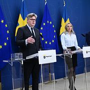 Jämställdhetsminister Nina Larsson (L), justitieminister Gunnar Strömmer (M), Jessica Stegrud (SD), socialpolitisk talesperson, och Larry Söder (KD), ledamot i civilutskottet, under dagens pressträff.