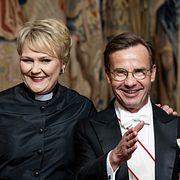 Birgitta Ed och statsminister Ulf Kristersson i Slottskyrkan under firandet av kung Carl Gustafs 80-årsdag i början av maj i år.