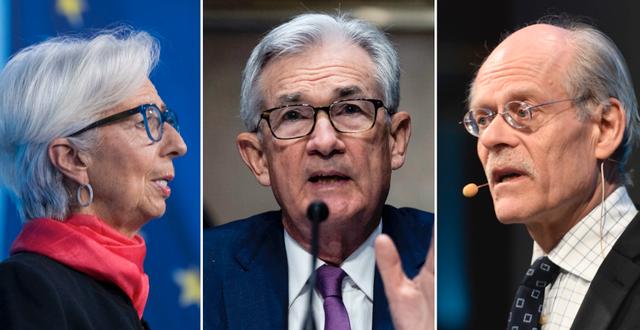 ECB-chefen Christine Lagarde, Fed-chefen Jerome Powell och Riksbankens Stefan Ingves. Thomas Lohnes/AP/TT,  Ali Lorestani/TT och  Thomas Lohnes/AP/TT