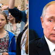 Greta Thunberg och Vladimir Putin. Arkivbilder.