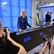 Socialdemokraternas partiledare Magdalena Andersson  på pressträffen.