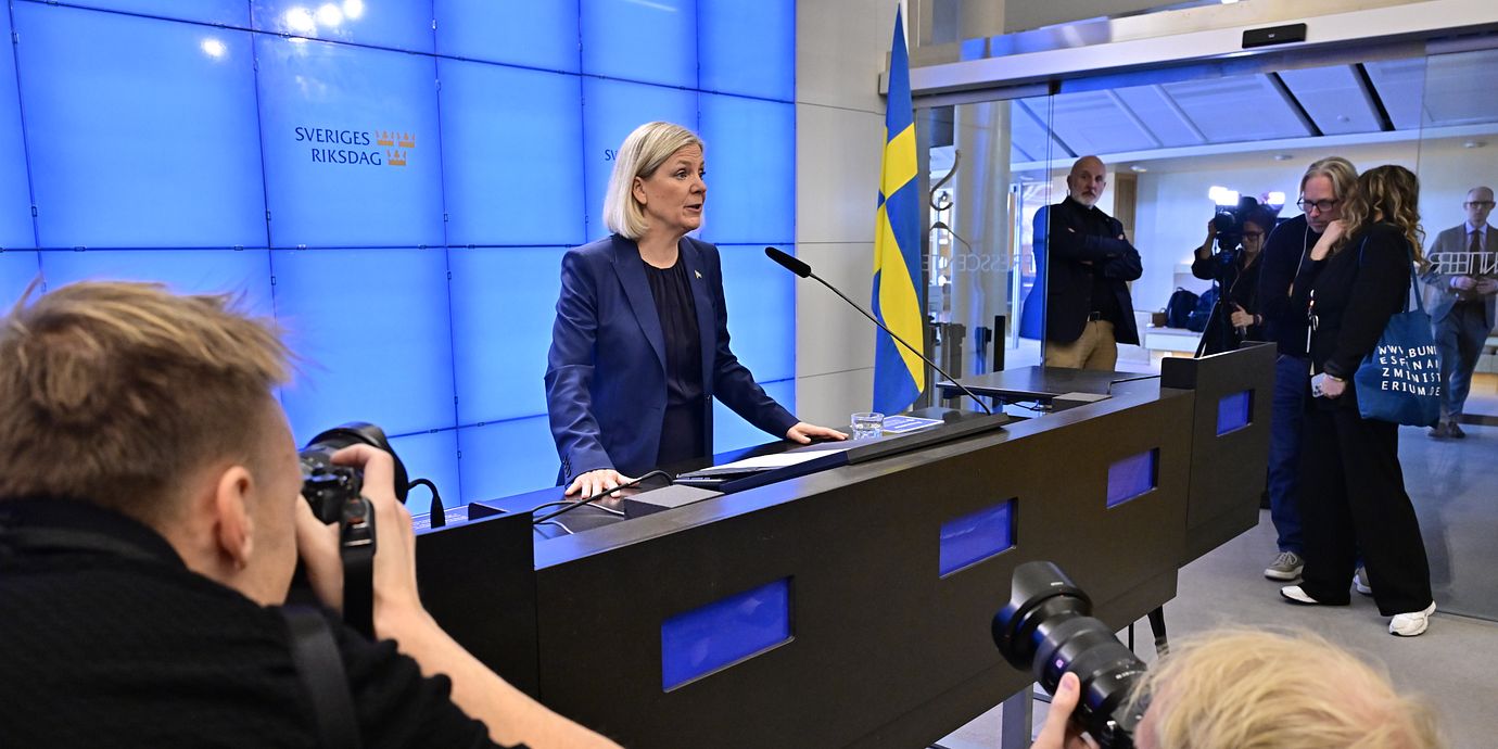 Socialdemokraternas partiledare Magdalena Andersson  på pressträffen.
