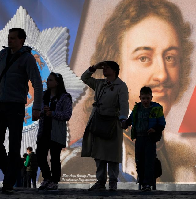 A portrait of Russian Tsar Peter the Great at the Palace Square in St. Petersburg. Dmitri Lovetsky / AP