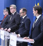 Justitieminister Gunnar Strömmer (M) tillsammans med Adam Marttinen (SD), Magnus Jacobsson (KD) och Martin Melin (L) presenterar förslag om anonyma vittnen.