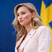 Kristdemokraternas partiledare Ebba Busch under en pressträff i Stockholm den 23 juli.