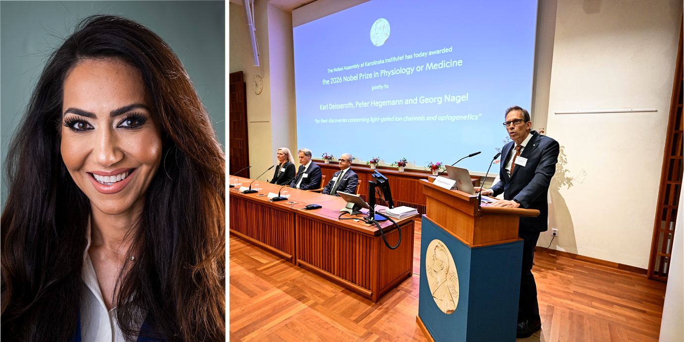  Mouna Esmaeilzadeh, till vänster. Thomas Perlmann, sekreterare i Nobelförsamlingen och Nobelkommittén vid Karolinska Institutet till höger.