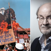 Protester mot Rushdie −99 (t v), Rushdie 2018 (t h).