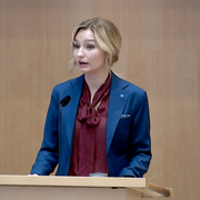 Ebba Busch i partiledardebatten.