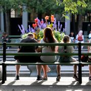 Turister sitter på en bänk i Kungsträdgården.
