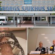 Ortopeden som stängts av från sitt arbete på Skaraborgs sjukhus slår nu tillbaka. Längst ner till höger Marga Briman, chefsläkare, Jörgen Thorn, sjukhusdirektör, och Olle Svensson, professor och extern granskare, vid tisdagens presskonferens.