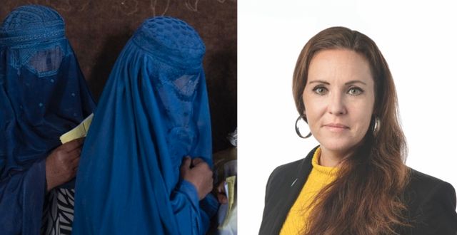 Vänster: Kvinnor i Afghanistan får pengar via FN:s livsmedelsprogram. Höger: Anna Ek.  AP/ Svenska Afghanistankommittén, pressbild.