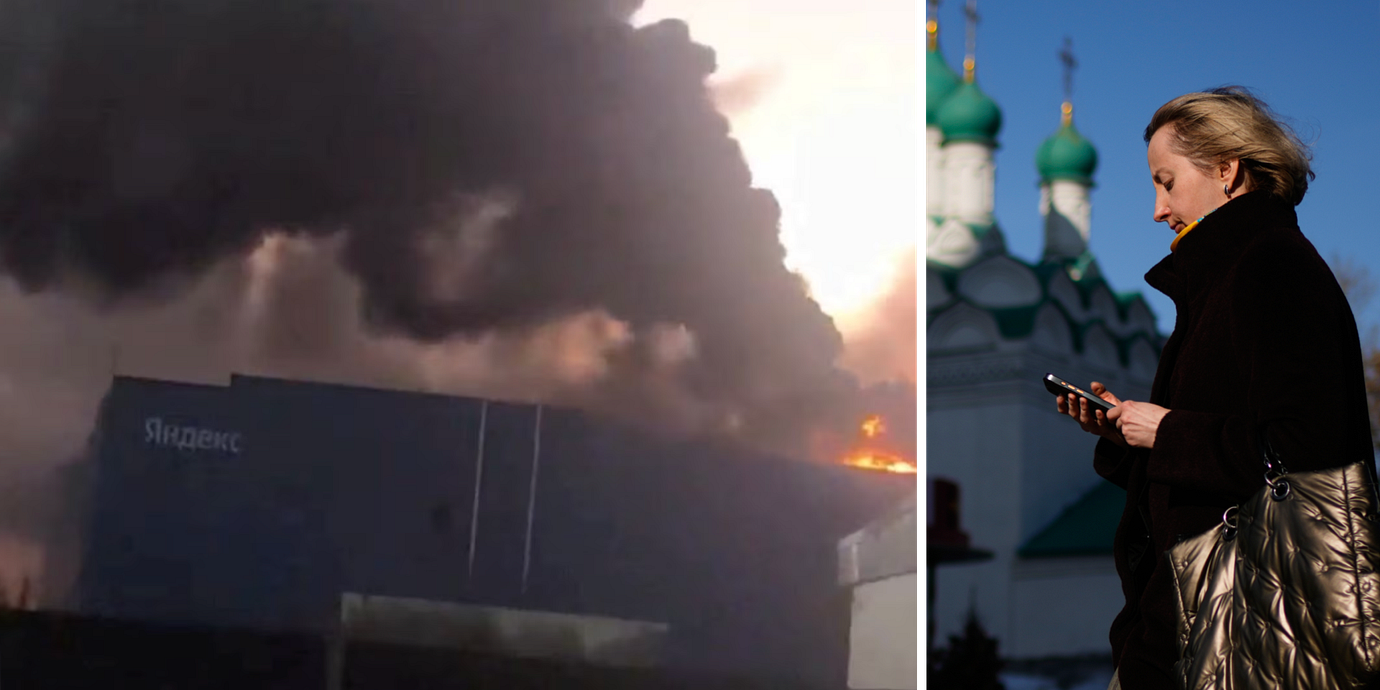 Bild från en video som sprids på sociala medier och som sägs visa drönarattacken 8 oktober mot Yandex datacenter i regionen Rjazan. Bilden till höger: Arkivbild.