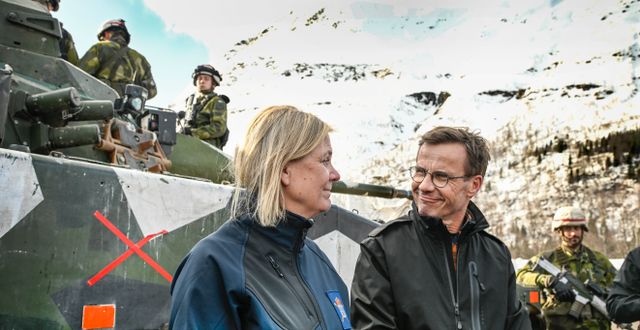 Magdalena Andersson (S) och Ulf Kristersson (M) under ett besök i Norge i slutet av mars. Anders Wiklund/ TT