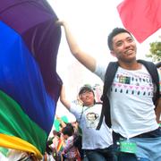 Demonstration för hbtq-rättigheter i Taiwan. Arkivbild.