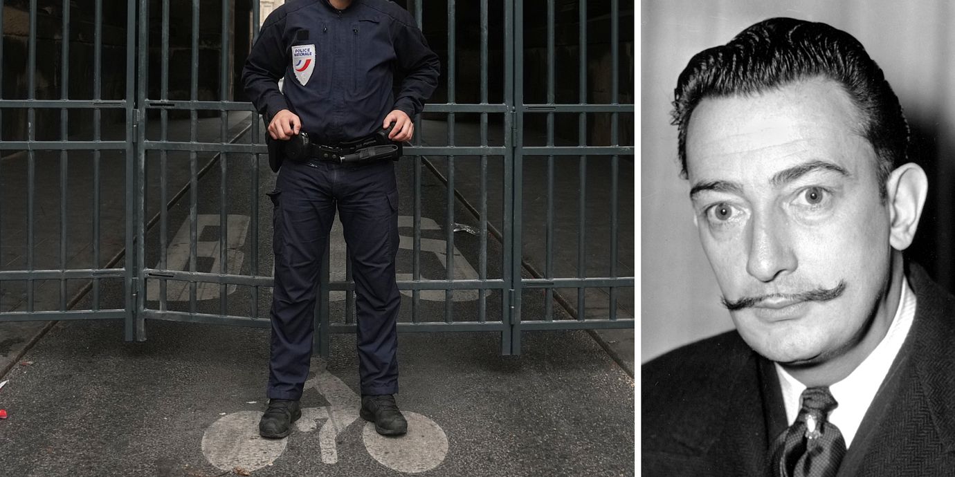 Till vänster: Vakt utanför Louvren i Paris. Till höger: Bild på Salvador Dalí tagen i New York 1942.