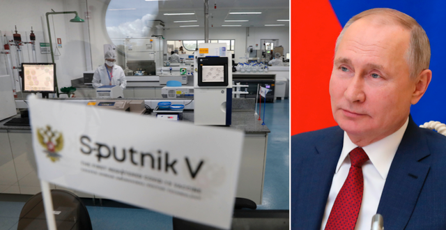 Tester med Rysslands vaccin Sputnik V genomförs i Brasiliens huvudstad Brasilia den 25 januari. Till höger Vladimir Putin. TT