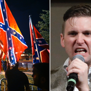 Richard Spencer till vänster. Till höger: Högerextrema vevar sydstatsflaggan i Charlottesville. 