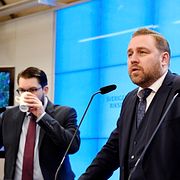 Sverigedemokraternas partiledare Jimmie Åkesson och partikollegan Mattias Karlsson.