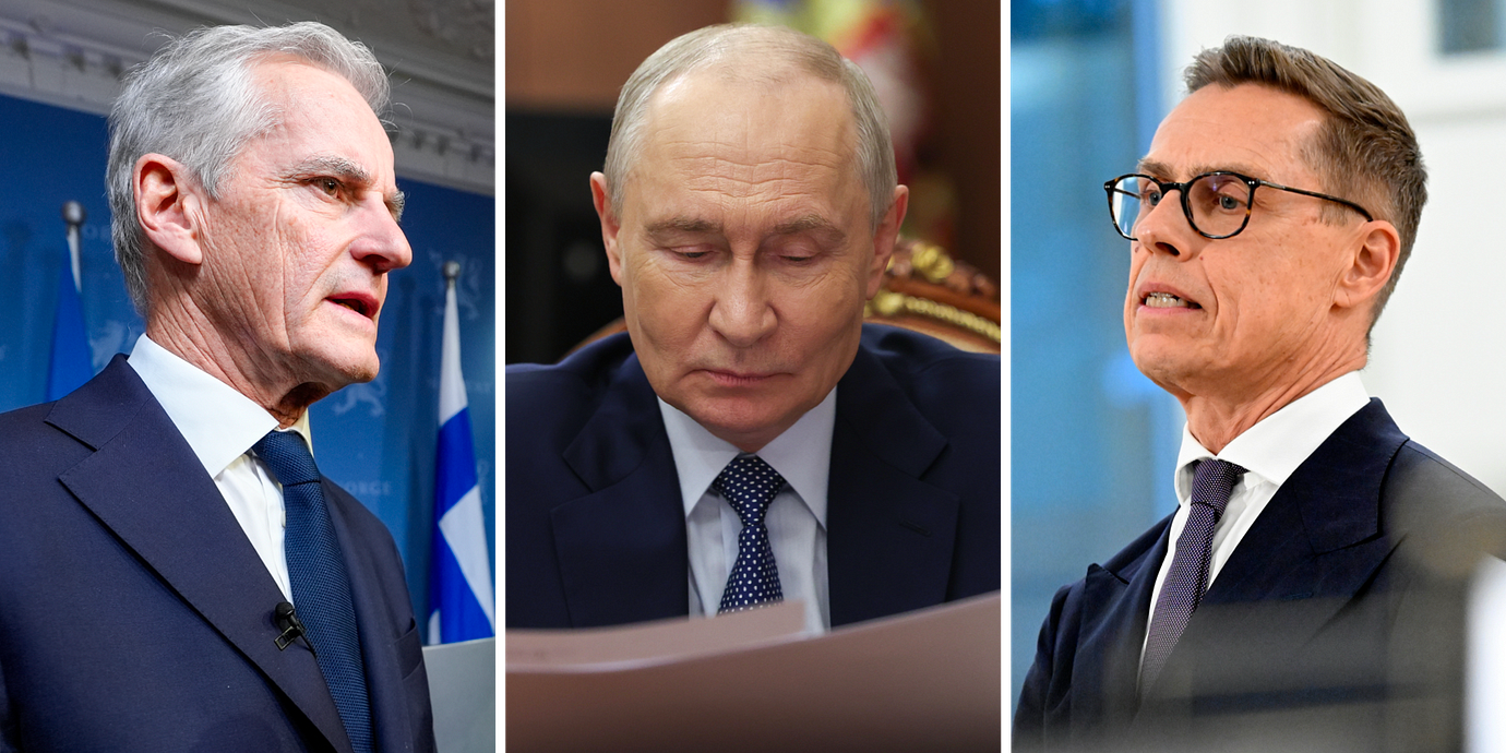 Norges statsminister Jonas Gahr Støre, Rysslands president Vladimir Putin och Finlands president Alexander Stubb.