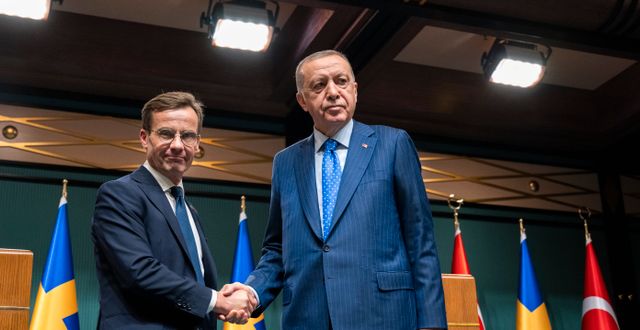 Sveriges statsminister Ulf Kristersson (M) och Turkiets president Recep Tayyip Erdogan på en gemensam pressträff i Ankara i samband med Kristerssons besök i Turkiet tidigare i november.  Henrik Montgomery/TT