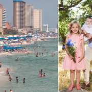 Bild på strand i Miami. Prinsessan Madeleine och Christopher O'Neill och deras tre barn. 