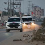 Bilar från Röda Korset transporterar kvarlevor.