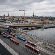 Vy från glashuset på Södermalm mot Slussen och Gamla stan. 