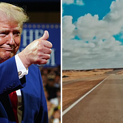 Till vänster: USA:s president Donald Trump fotograferad den 22 juli. Till höger: Bild från den video om motorvägen som Trump lade upp på Truth Social.