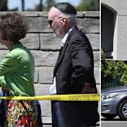 Människor utanför synagogan.