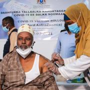 Läkaren Maxamed Maxamuud Fuje får vaccin som kommit till Somalias huvudstad Mogadishu genom Covax-programmet.