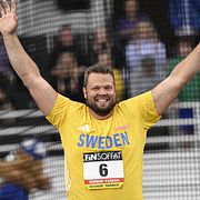 Sveriges Daniel Ståhl under herrarnas diskus under Finnkampen i friidrott mellan Finland och Sverige på Olympiastadion i Helsingfors.
