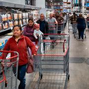 Customers wait in line for eggs at a Costco store in the Van Nuys section of Los Angeles, 2025.