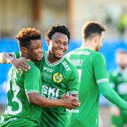 Hammarbys Akinkunmi Amoo och Abdul-Halik Hudu jublar efter 0-2