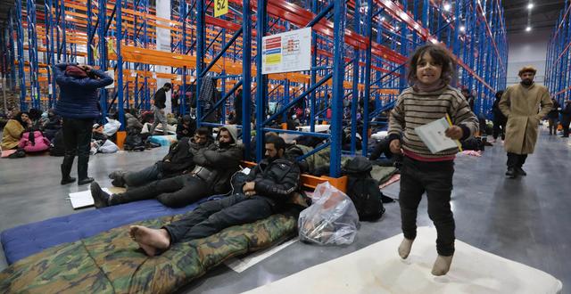 Migranter i lagerlokalen. Maxim Guchek / TT NYHETSBYRÅN