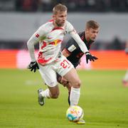 Konrad Laimer i match för sitt klubblag RB Leipzig.